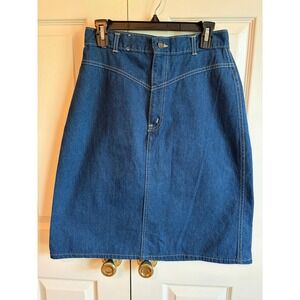 Vintage Chic Denim Skirt Blue High Waisted A-Line Midi Made in USA 28 Waist